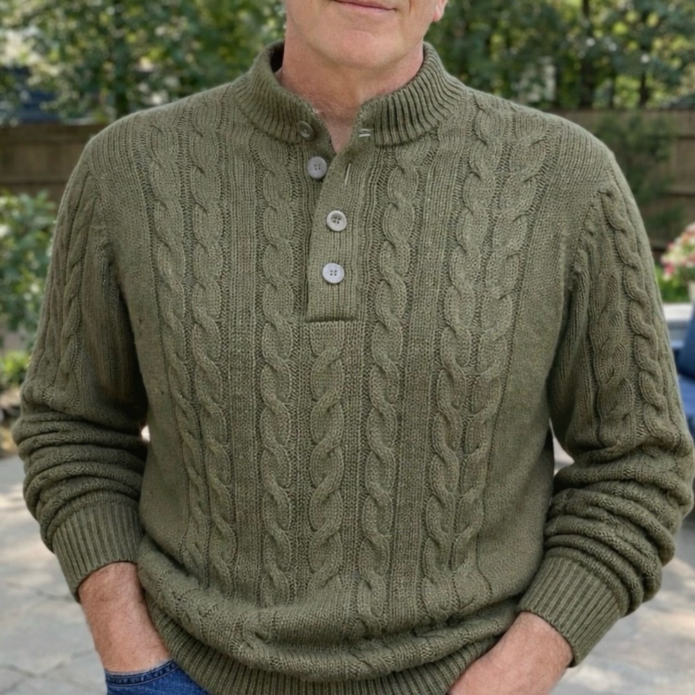 Eddie Bauer Cable Knit Sweater Mens XL Olive Green 100% Cotton Polo Preppy NWOT